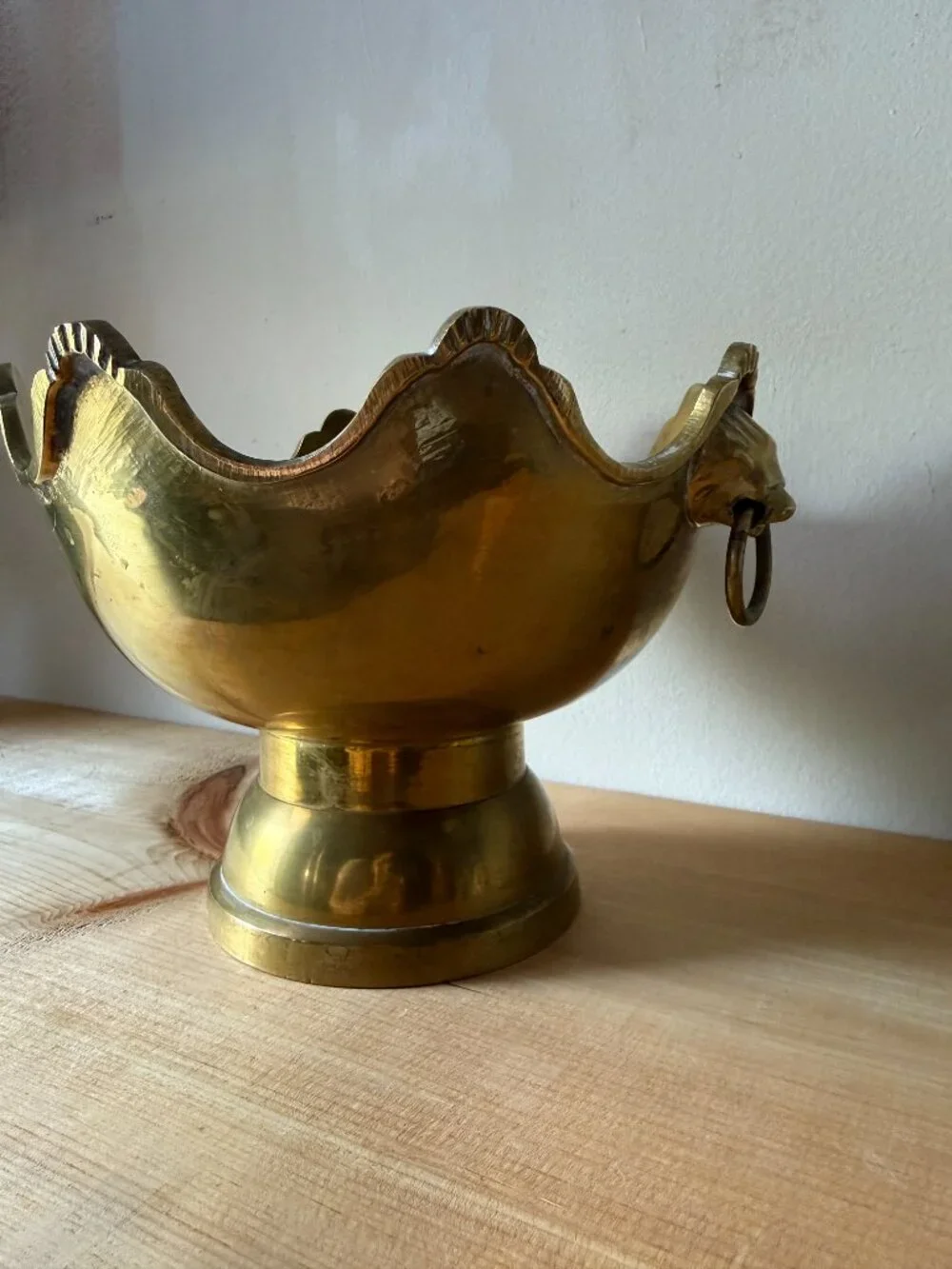 Vintage Brass Lion Head Pedestal Bowl | Scalloped Monteith Centerpiece
